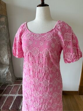 Talbots Pink Eyelet Embroidered Puff Sleeve Mini Dress 100% Cotton